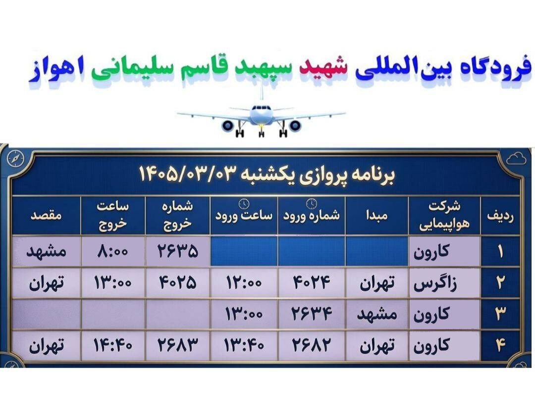 برنامه پروازهای فرودگاه اهواز امروز ۳ خرداد ۱۴۰۵