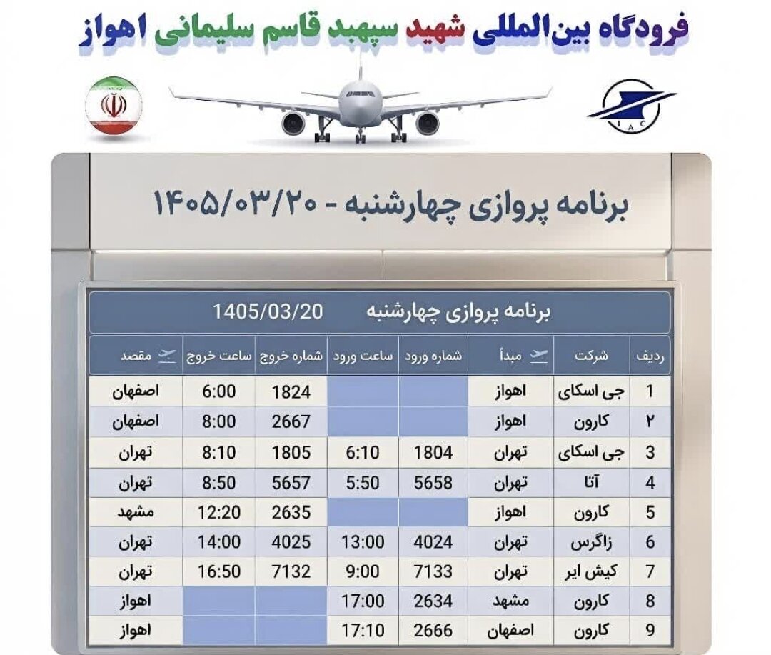 برنامه پروازی فرودگاه اهواز برای چهارشنبه اعلام شد