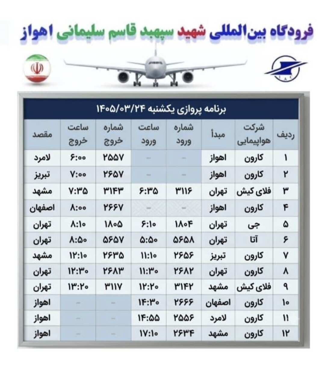اعلام برنامه پروازی فرودگاه بینالمللی شهید سپهبد قاسم سلیمانی اهواز برای روز یکشنبه