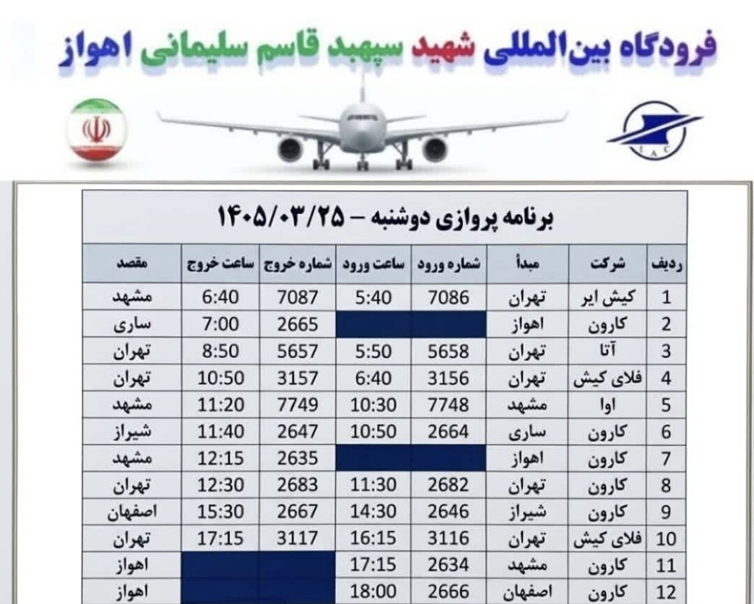 برنامه پروازی فرودگاه بینالمللی شهید سپهبد قاسم سلیمانی اهواز برای روز دوشنبه اعلام شد