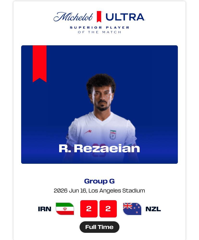رامین رضائیان بهترین بازیکن دیدار ایران و نیوزلند