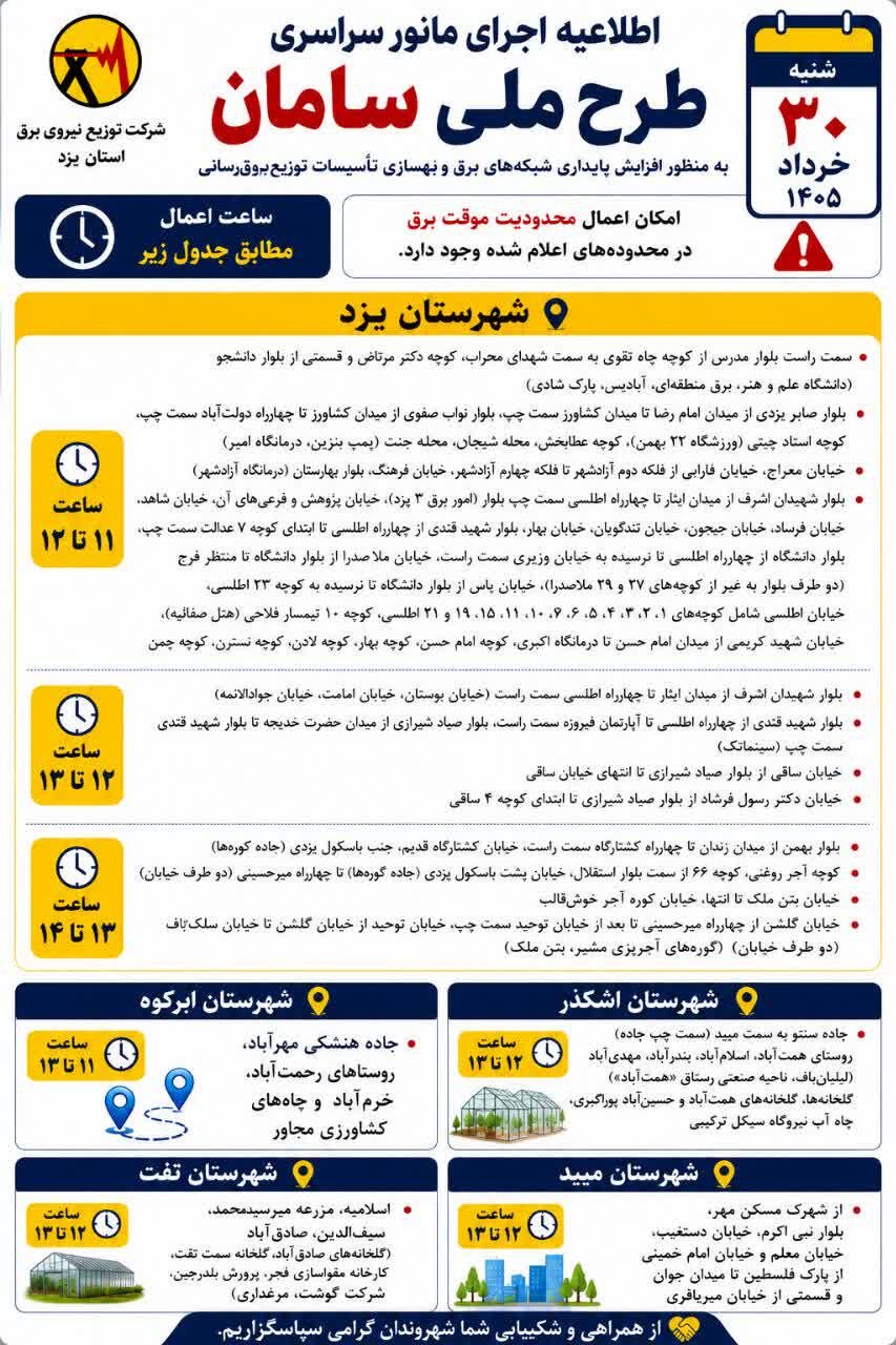 احتمال قطعی موقت در برخی مناطق در روز شنبه
