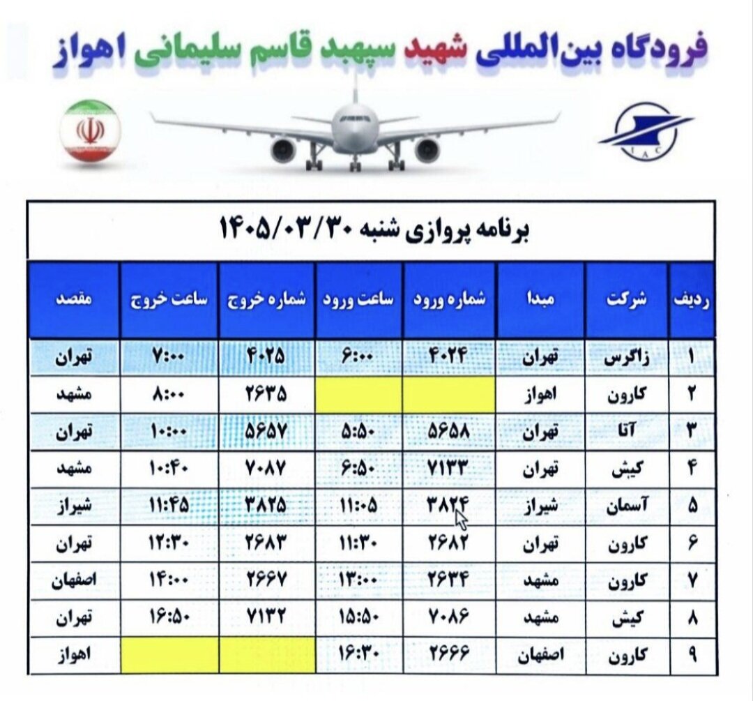 برنامه پروازهای فرودگاه بینالمللی شهید سپهبد قاسم سلیمانی اهواز در روز شنبه اعلام شد