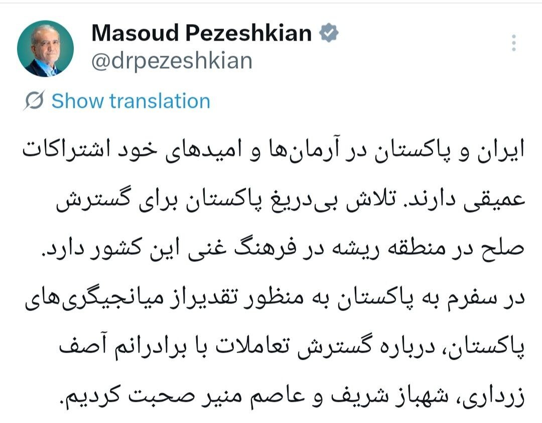 پزشکیان: تلاش پاکستان برای گسترش صلح ریشه در فرهنگ غنی این کشور دارد