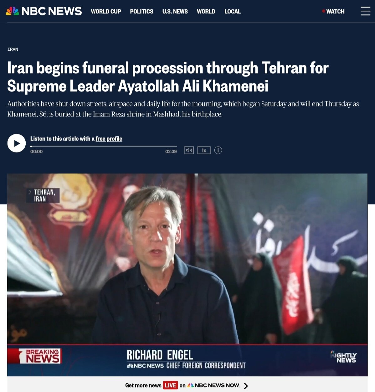 ان‌بی‌سی مراسم تشییع پیکر رهبر شهید را وداعی باشکوه و عزمی برای پاسداری از آرمان‌ها دانست