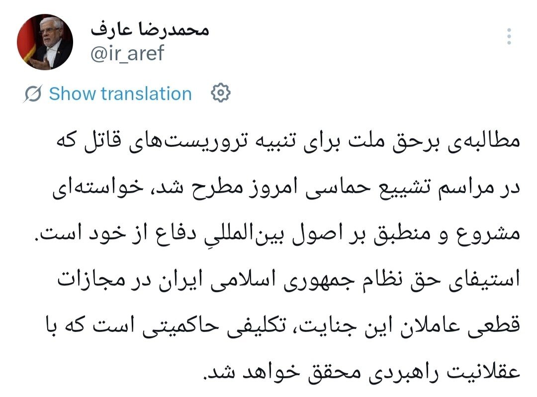 عارف: تنبیه تروریستهای قاتل با عقلانیت راهبردی محقق خواهد شد