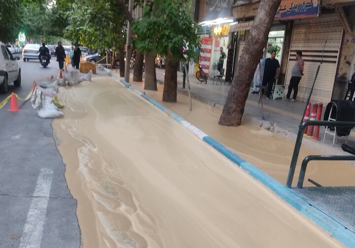 نفوذ گل حفاری به قسمتی از خیابان نشاط اصفهان/ تمیزکاری و شست‌وشوی معبر انجام شد + عکس