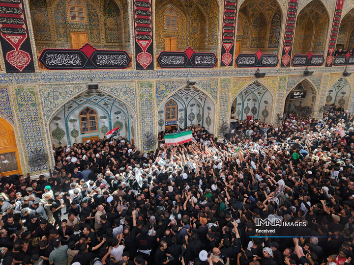 تشییع و اقامه نماز بر پیکر مطر رهبر شهید انقلاب در حرم حضرت علی(ع)