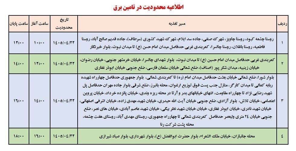 جدول قطعی برق ایلام امروز دوشنبه 22 تیر  + جدول