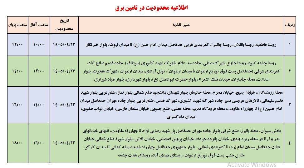 جدول قطعی برق ایلام امروز سهشنبه 23 تیر + جدول
