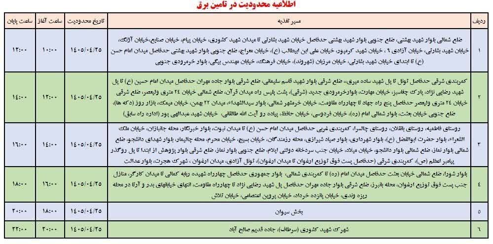 جدول قطعی برق ایلام امروز پنجشنبه 25 تیر + جدول