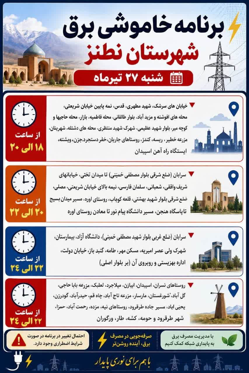 جزئیات قطعی برق اصفهان امروز  شنبه بیست‌وهفتم تیر ۱۴۰۵