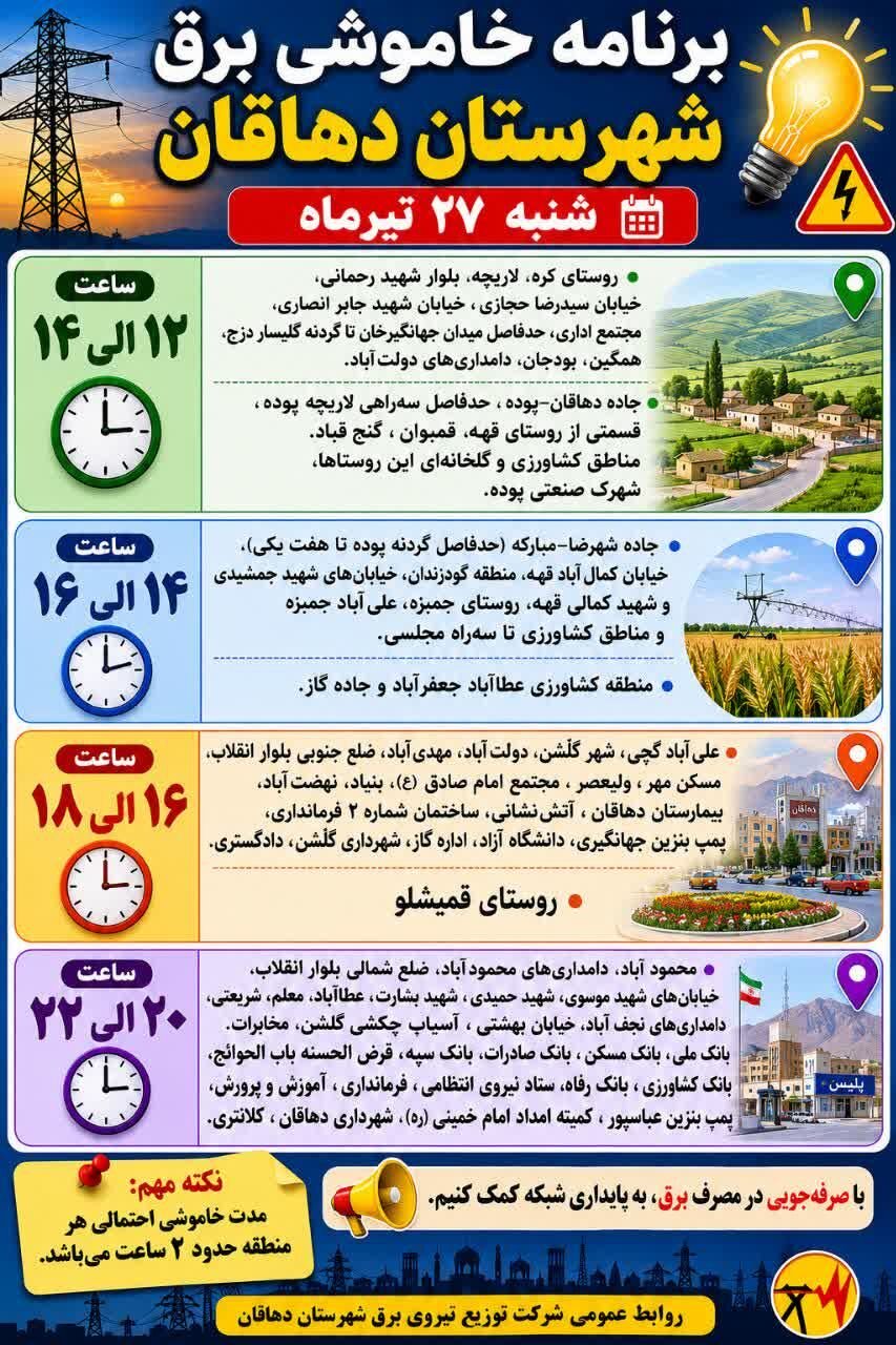 جزئیات قطعی برق اصفهان امروز شنبه بیستوهفتم تیر ۱۴۰۵