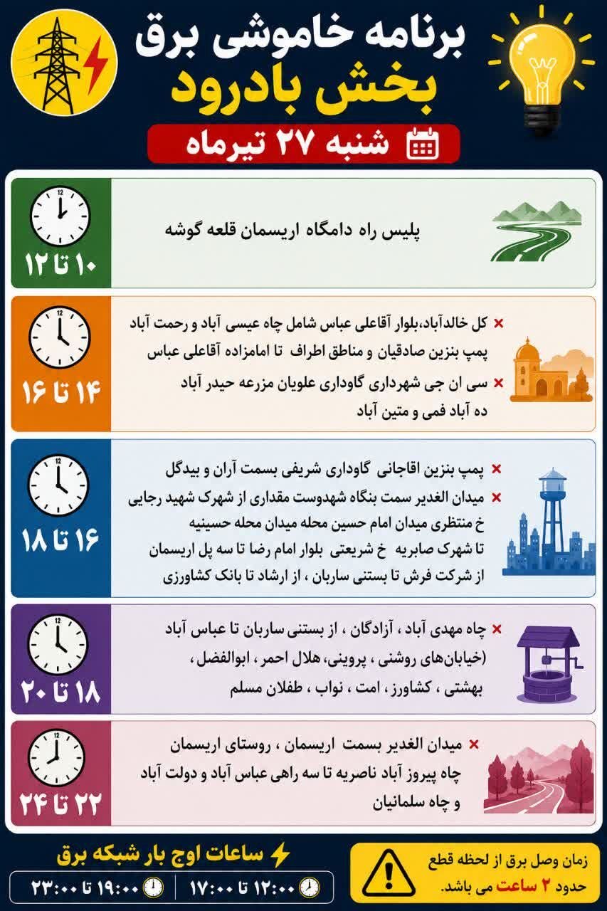جزئیات قطعی برق اصفهان امروز شنبه بیستوهفتم تیر ۱۴۰۵