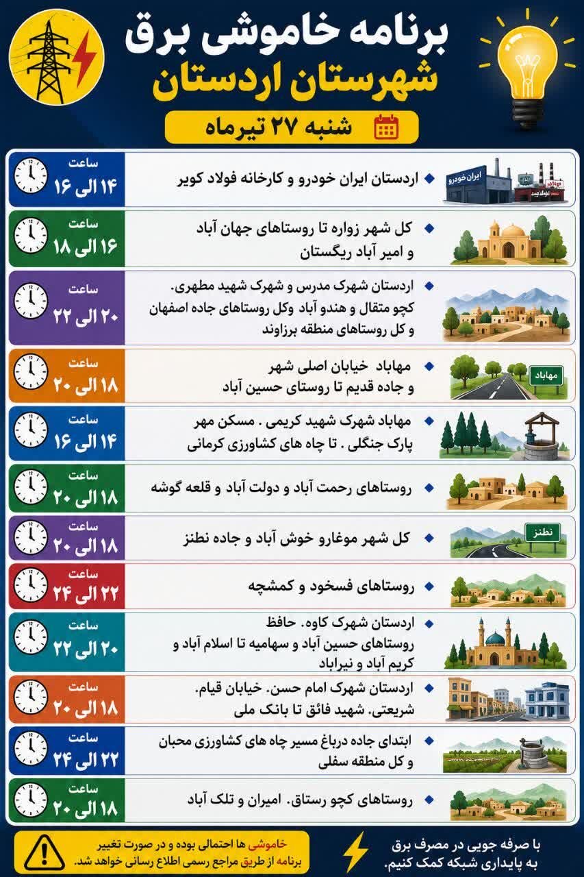 جزئیات قطعی برق اصفهان امروز شنبه بیستوهفتم تیر ۱۴۰۵