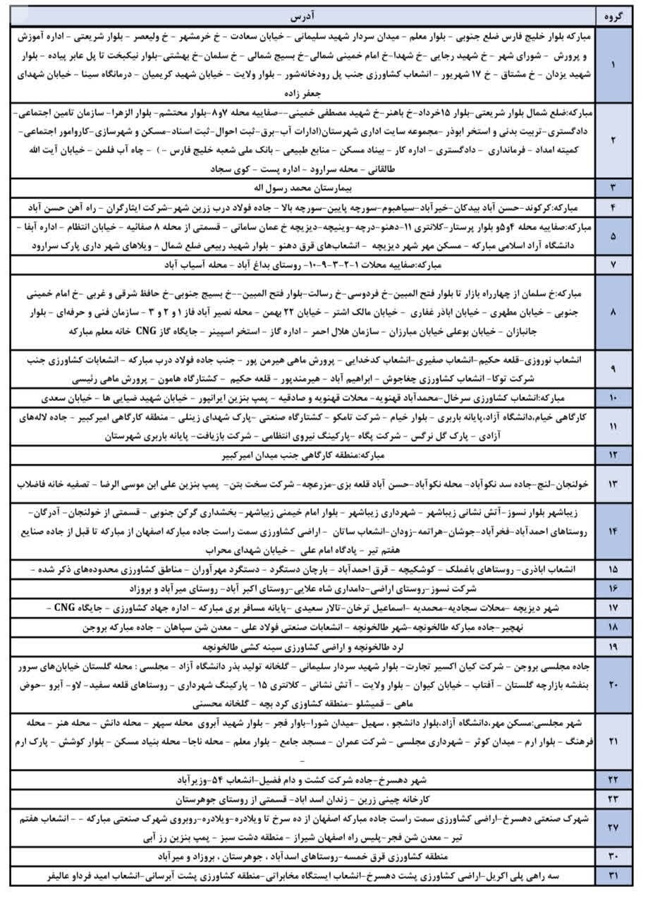 جزئیات قطعی برق اصفهان امروز  شنبه بیست‌وهفتم تیر ۱۴۰۵