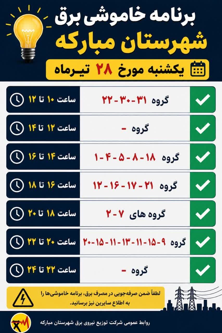 جزئیات قطعی برق اصفهان امروز شنبه بیست‌وهشتم تیر ۱۴۰۵