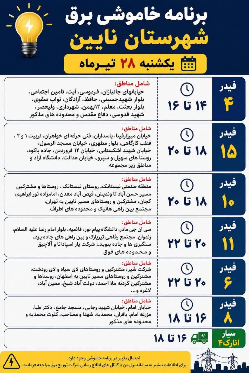 جزئیات قطعی برق اصفهان امروز شنبه بیست‌وهشتم تیر ۱۴۰۵