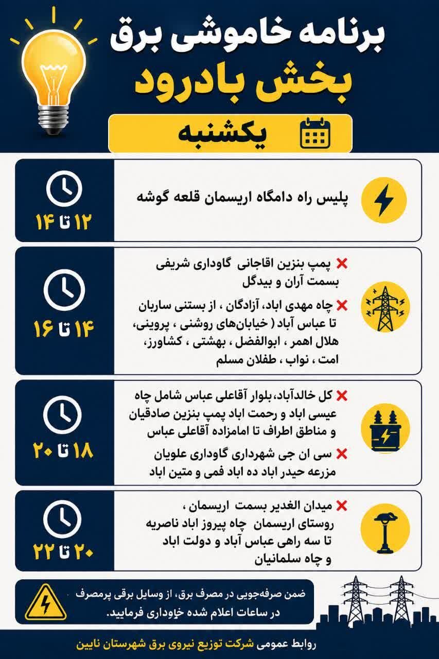 جزئیات قطعی برق اصفهان امروز شنبه بیستوهشتم تیر ۱۴۰۵