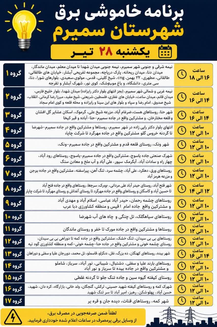 جزئیات قطعی برق اصفهان امروز شنبه بیست‌وهشتم تیر ۱۴۰۵