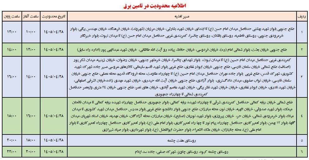 جدول قطعی برق ایلام امروز یکشنبه ۲۵ تیر + جدول