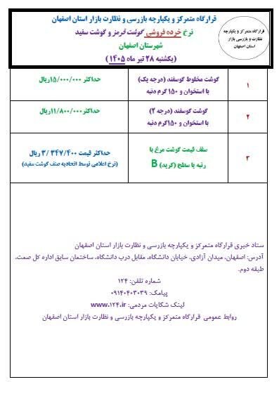 آخرین قیمت گوشت، مرغ، ماهی، میوه و سبزی شنبه ۲۸ تیر ۱۴۰۵ + جدول