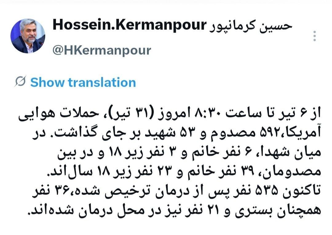 ۵۹۲ مصدوم و ۵۳ شهید در پی حملات هوایی آمریکا
