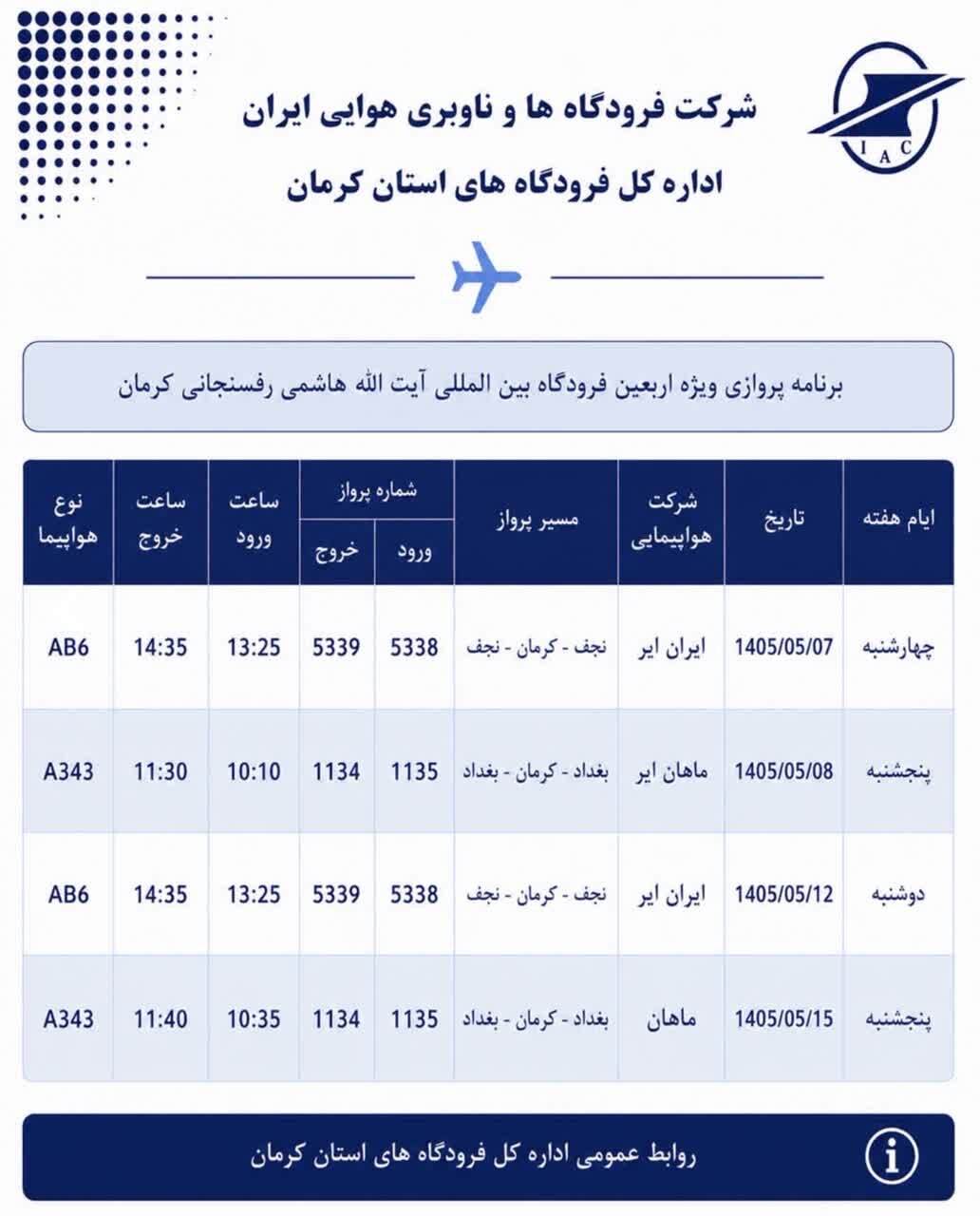 پروازهای ویژه اربعین از فرودگاه بین المللی کرمان
