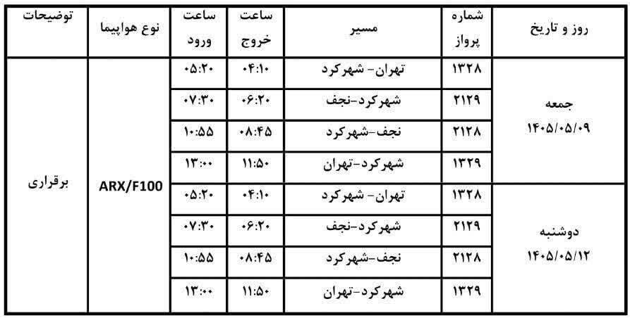 جزئیات پرواز مستقیم شهرکرد – نجف برای زائران اربعین + جدول