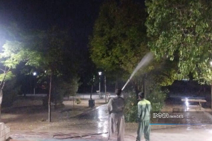 شست‌وشوی درختان منطقه ۱۲ اصفهان برای کاهش آفات و مصرف سموم در ماه‌های گرم سال