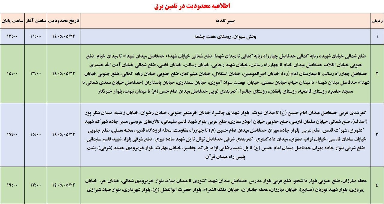 برنامه قطعی برق ایلام امروز پنجشنبه ۲۲ مرداد+ جدول