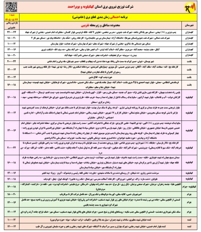 قطعی برق کهگیلویه و بویراحمد امروز شنبه ۲۴ مرداد ۱۴۰۵ + لیست