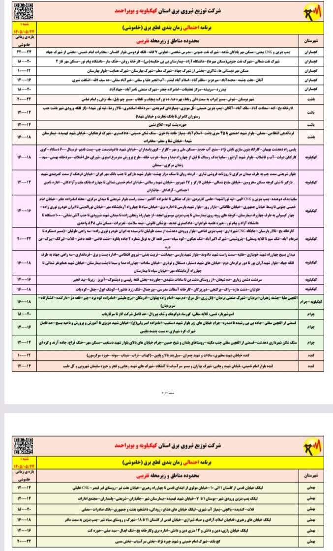 قطعی برق کهگیلویه و بویراحمد امروز شنبه ۲۴ مرداد ۱۴۰۵ + لیست