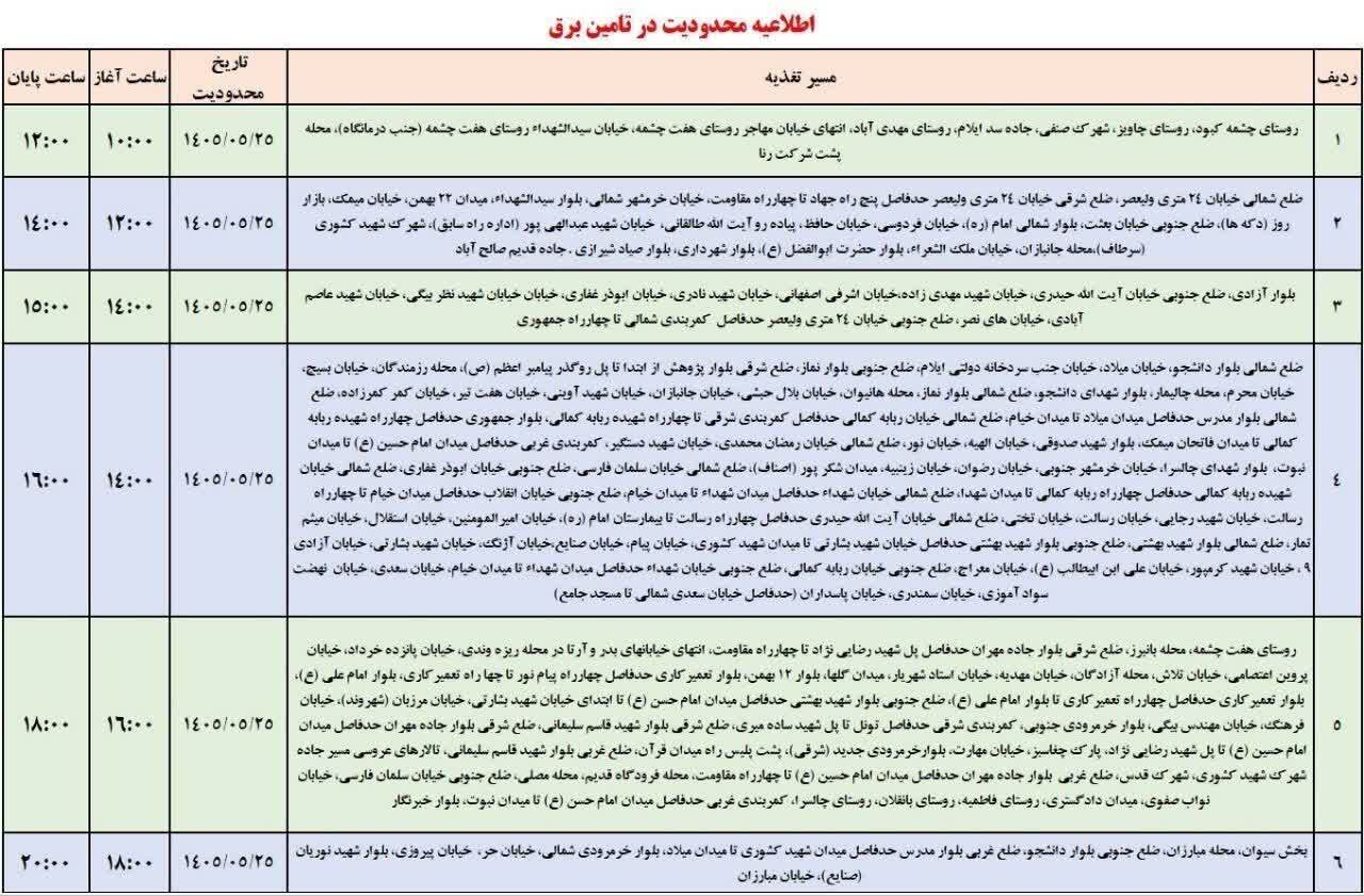 برنامه قطعی برق ایلام امروز یکشنبه ۲۵ مرداد + جدول