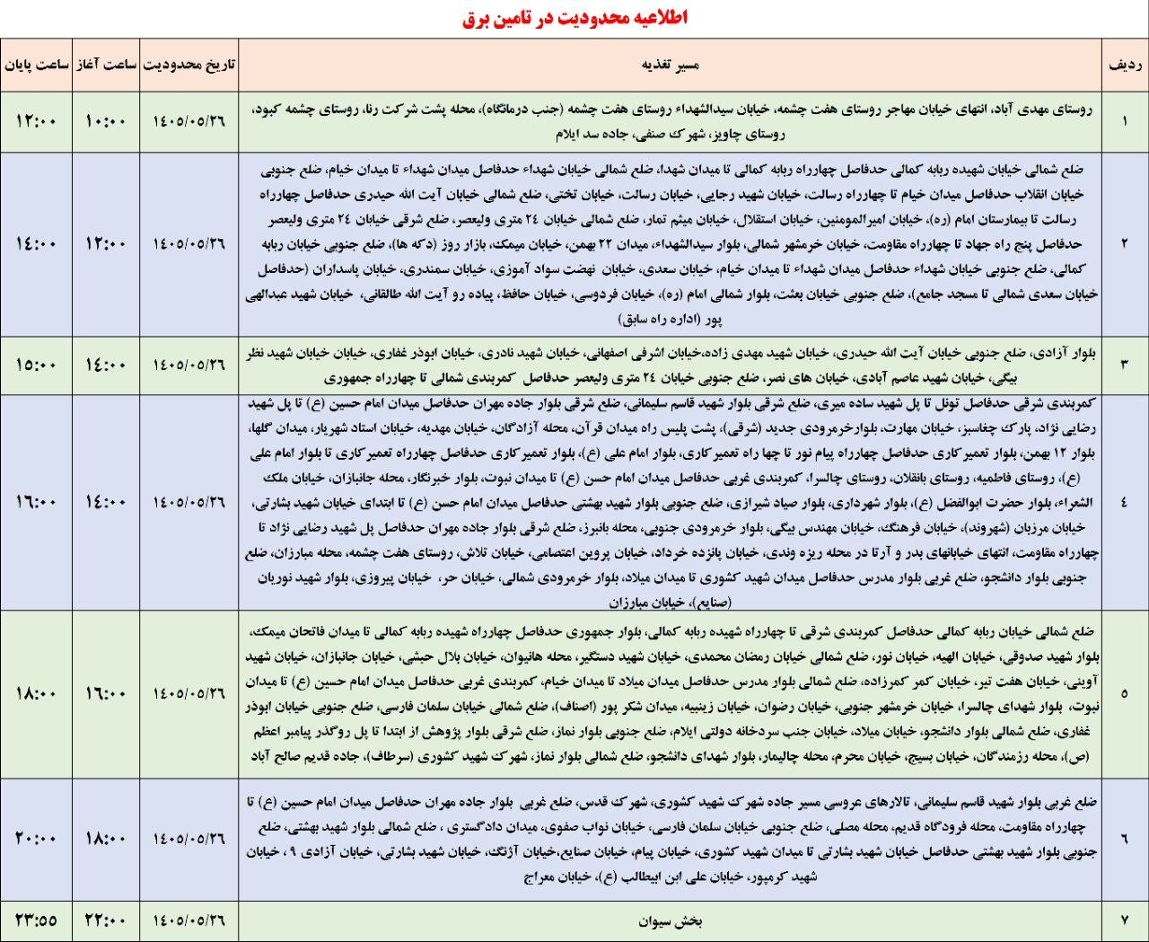برنامه قطعی برق ایلام امروز دوشنبه ۲۶ مرداد
