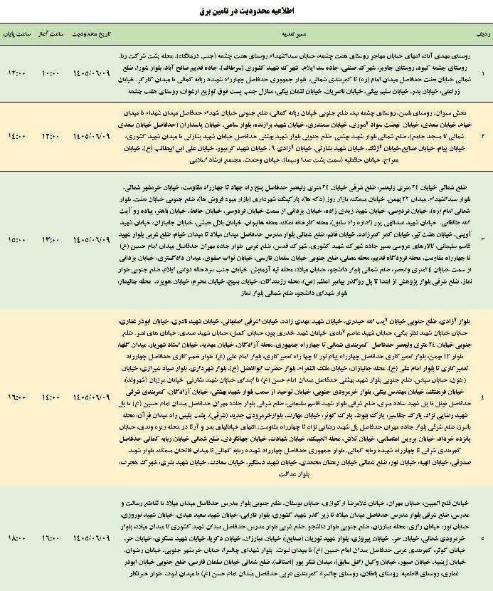 برنامه قطعی برق ایلام امروز دوشنبه ۹ شهریور + جدول