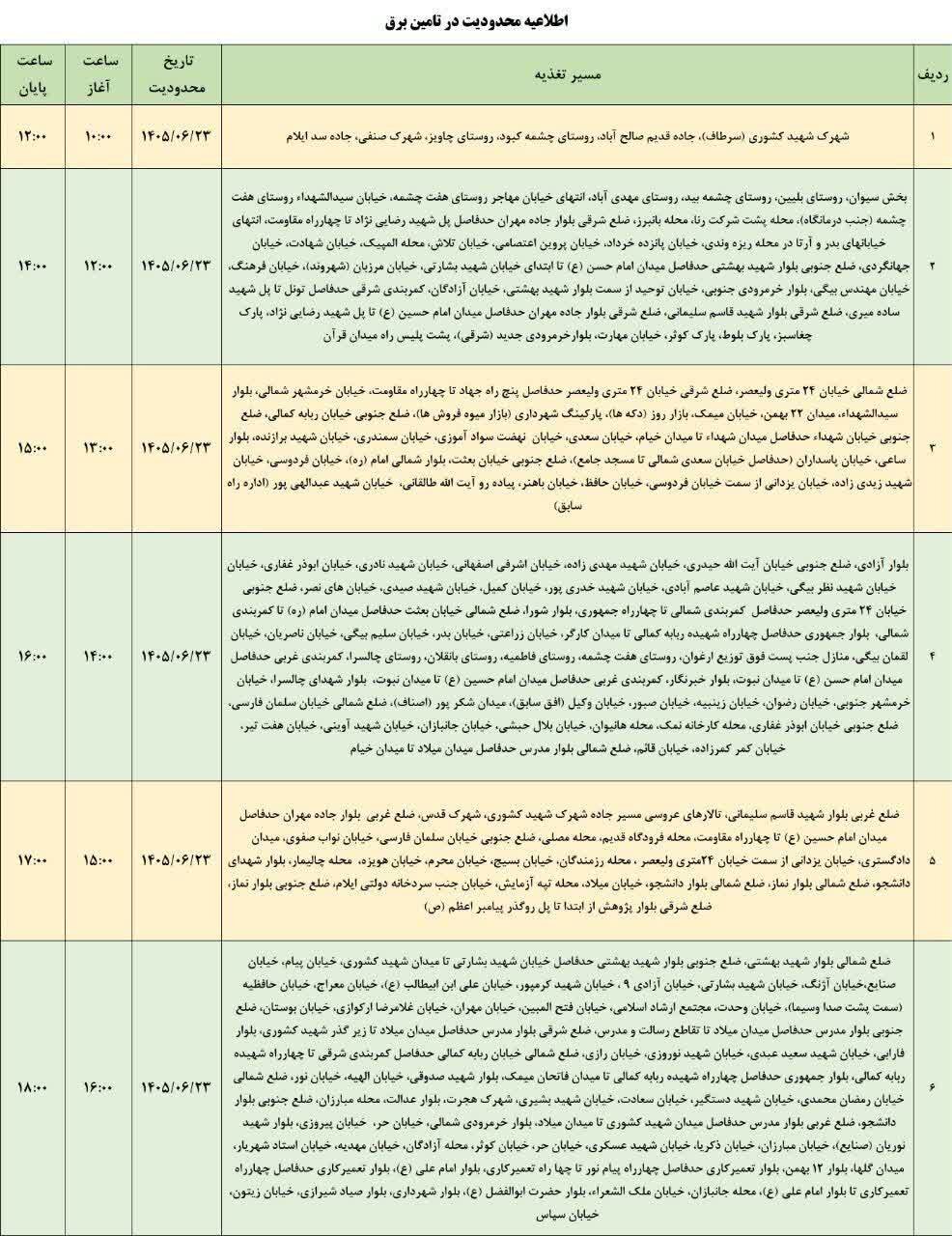 برنامه قطعی برق ایلام امروز دوشنبه ۲۳ شهریور