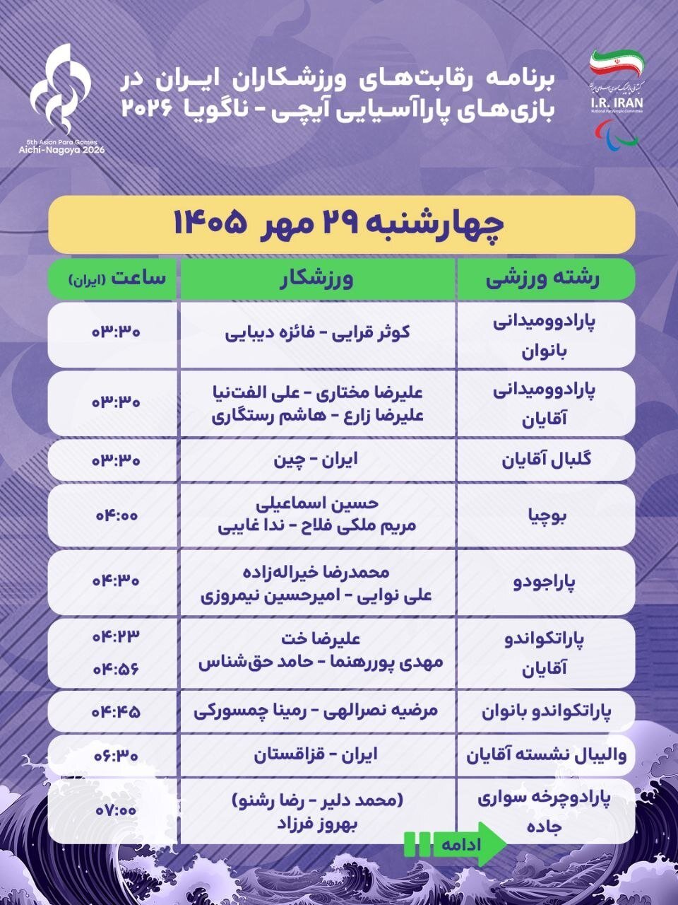 برنامه ورزشکاران کاروان ایران در مسابقات پاراآسیایی ناگویا امروز چهارشنبه ۲۹ مهر