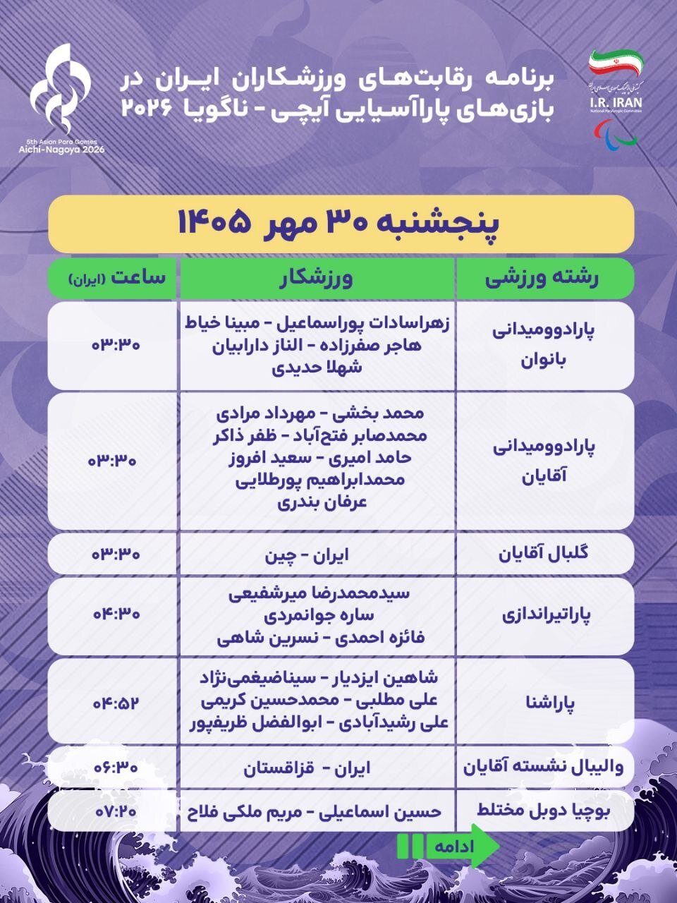 برنامه ورزشکاران کاروان ایران در مسابقات پاراآسیایی ناگویا امروز پنجشنبه ۳۰ مهر